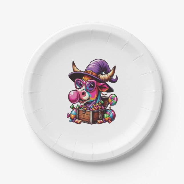 Rainbow Highland Cow Halloween Pappteller (Vorderseite)