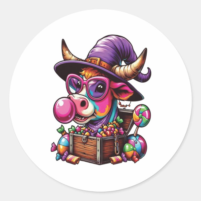 Rainbow Highland Cow Halloween Runder Aufkleber (Vorderseite)
