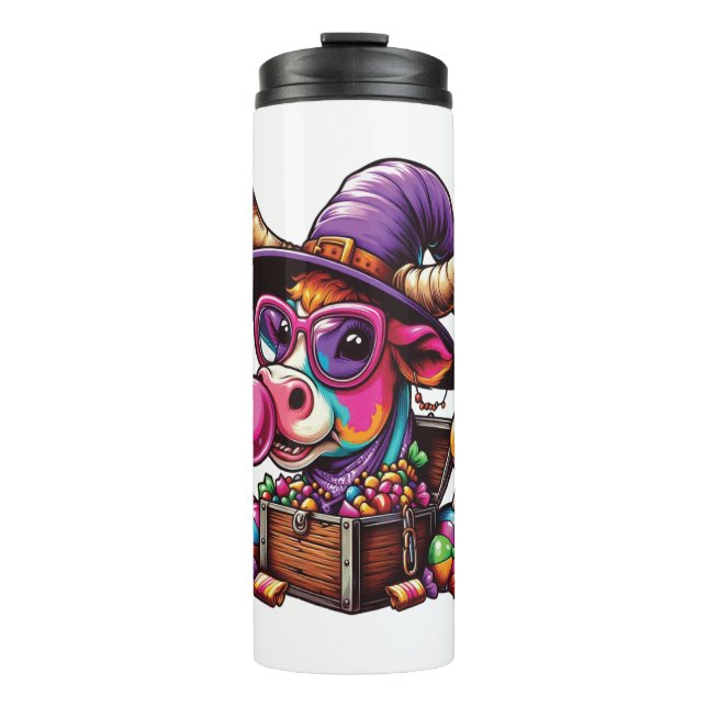Rainbow Highland Cow Halloween Thermosbecher (Vorderseite)