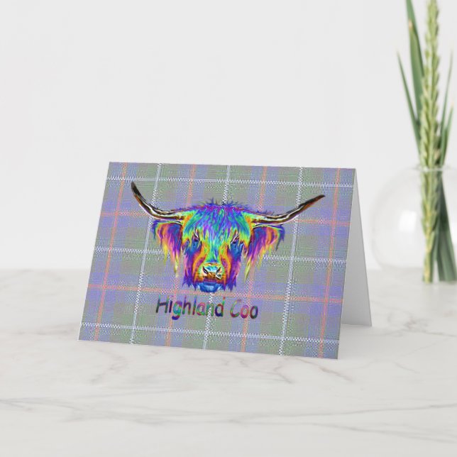 Rainbow Highland Kuh auf tartanischem Hintergrund Karte (Vorderseite)