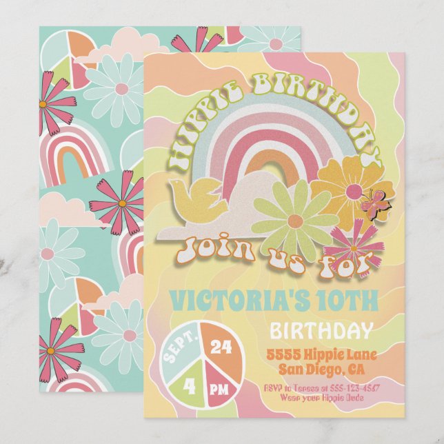 Rainbow Hippie Anniversaire Fête Invitation (Devant / Derrière)