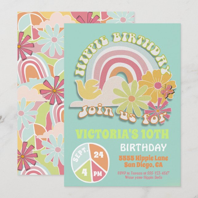 Rainbow Hippie Birthday Party Einladung (Vorne/Hinten)