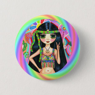 Rainbow Hippie Chick Peace Sign Button