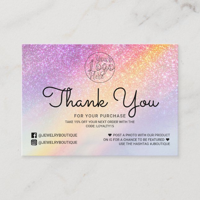 Rainbow Holograph Glitzer Ombre Kunde Vielen Dank Visitenkarte (Vorderseite)