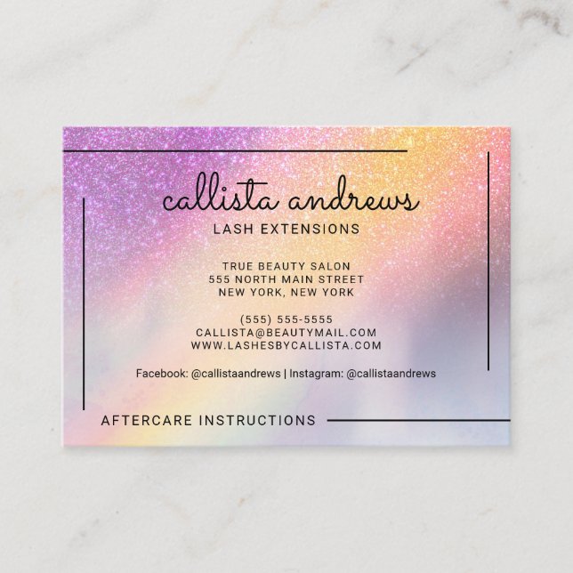 Rainbow Holographic Glitzer Ombre Lashes Aftercare Visitenkarte (Vorderseite)