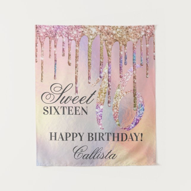 Rainbow Holographic Glitzer Tropfen Sweet 16 Wandteppich (Vorderseite)