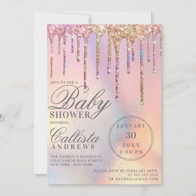 Rainbow Holographic Glitzer Tropfens Baby Shoounte Einladung (Vorderseite)
