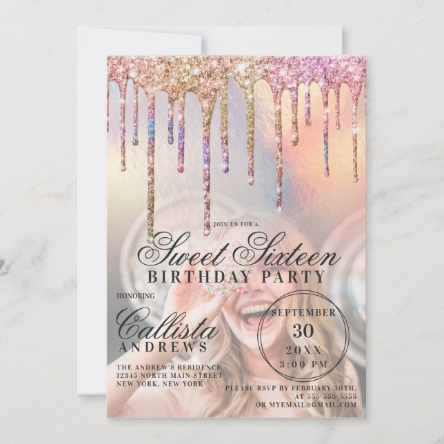 Rainbow Holographic Glitzer Tropfens Foto Sweet 16 Einladung (Vorderseite)