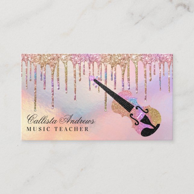Rainbow Holographic Glitzer Tropfens Music Teacher Visitenkarte (Vorderseite)