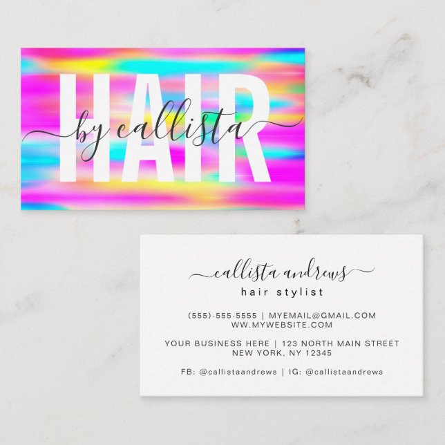 Rainbow Holographic Simple Typografy Hair Stylist Visitenkarte (Vorne/Hinten)