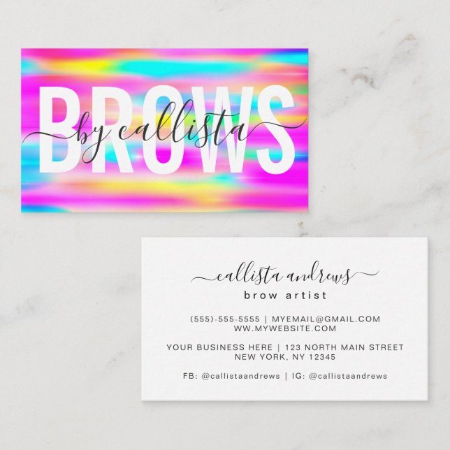 Rainbow Holographische Typografie Eyebrow Artist Visitenkarte (Vorne/Hinten)