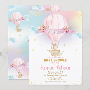 Rainbow Hot Air Ballon Babydusche Bunny Girl Einladung
