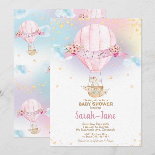 Rainbow Hot Air Balloon Baby Girl Duwer Elephant Einladung (Vorne/Hinten)