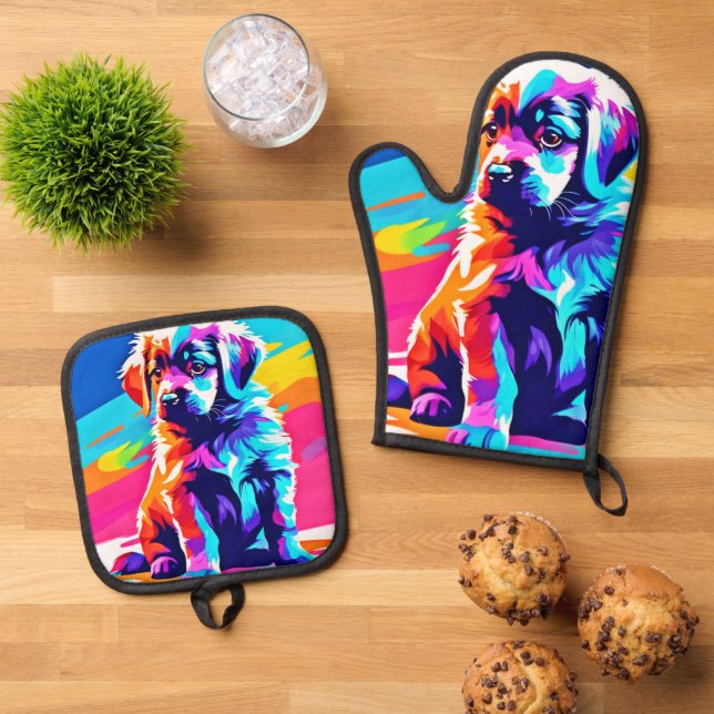 Rainbow Hued Dog Art Ofenhandschuh & Topflappen-Set (Oben Unten)