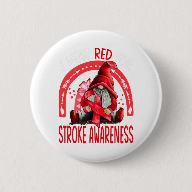 Rainbow I Wear Red Stroke Awareness Gnomes Button (Vorderseite)
