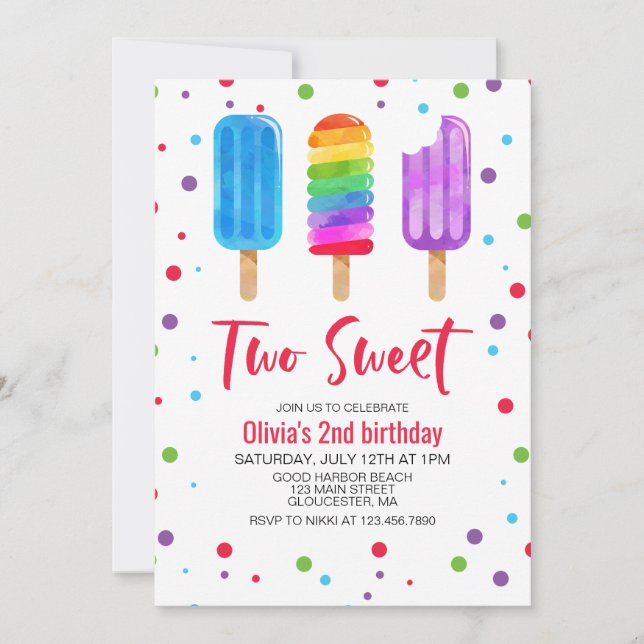 Rainbow Ice Pops Two Sweet 2nd Birthday Invitation (Devant)
