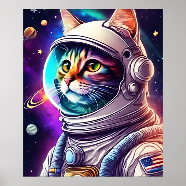 Rainbow in Space Cat, Astronautin Katze Digitale K Poster (Vorne)