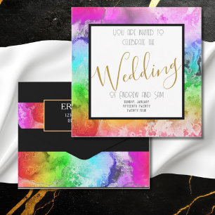 Rainbow Ink Black Minimalistisch Elegant Script All In One Einladung