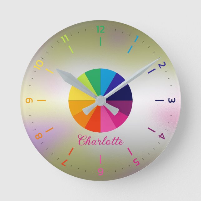 Rainbow Iridescent Girly Pink Educational Children Runde Wanduhr (Vorderseite)