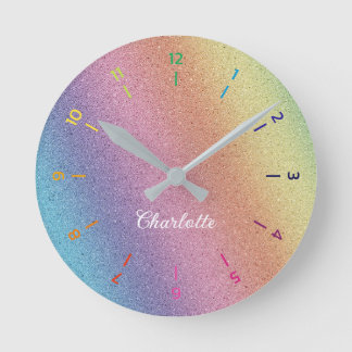 Rainbow Iridescent Glitzer Personalisierte Kinder Runde Wanduhr