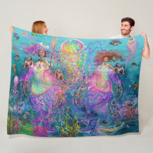 Rainbow Jellyfish Mermaid Dress Fleece Blanket