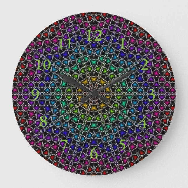 Rainbow Kaleidoscope Hearts Pattern Wall Clock Große Wanduhr (Vorderseite)