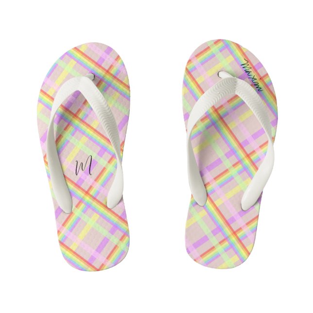 Rainbow Kariert Modern Mit Monogramm Kinderbadesandalen (Fußbett)