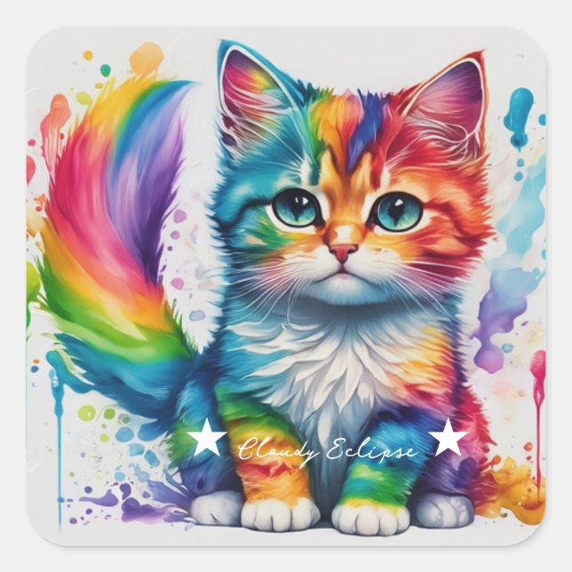 Rainbow Kitten Painter Quadratischer Aufkleber (Vorderseite)
