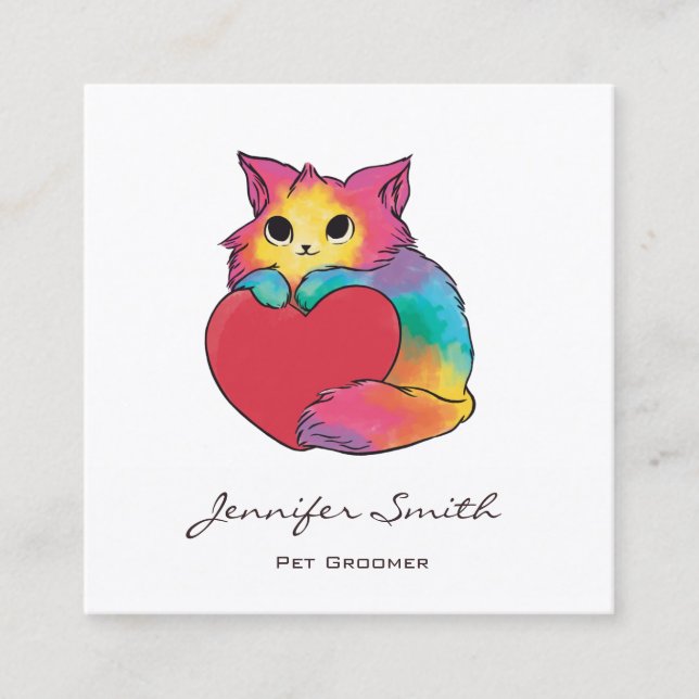 Rainbow Kitten Pet Groomer Quadratische Visitenkarte (Vorderseite)