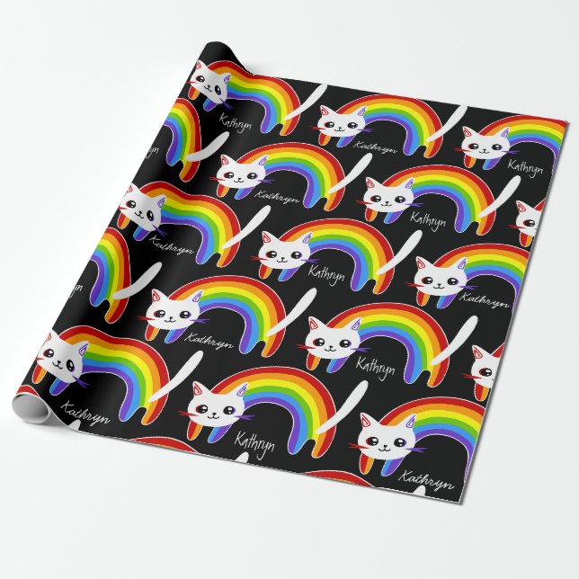 Rainbow Kitty Cat Personalisiert Geschenkpapier (Ungerollt)