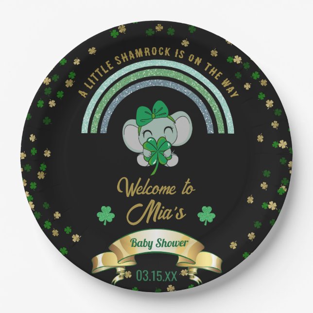 Rainbow Kleeblatt Elephant St Patrick Baby Shower  Pappteller (Vorderseite)