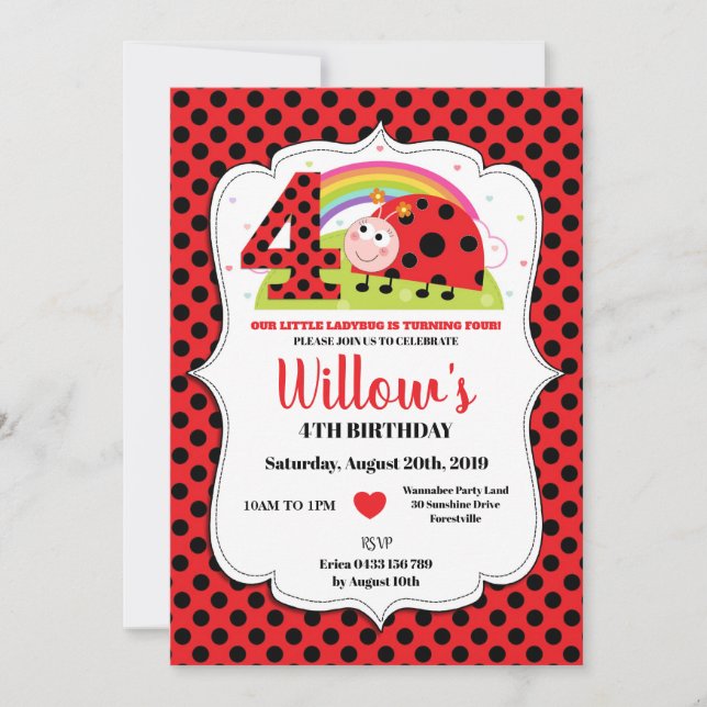 Rainbow Ladybug 4e anniversaire Invitations fille (Devant)