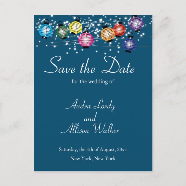 Rainbow Lantern Lesbian Gay Save the Date Postcard Postkarte (Vorderseite)