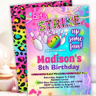 Rainbow Leopard Bowling Birthday Party Einladung