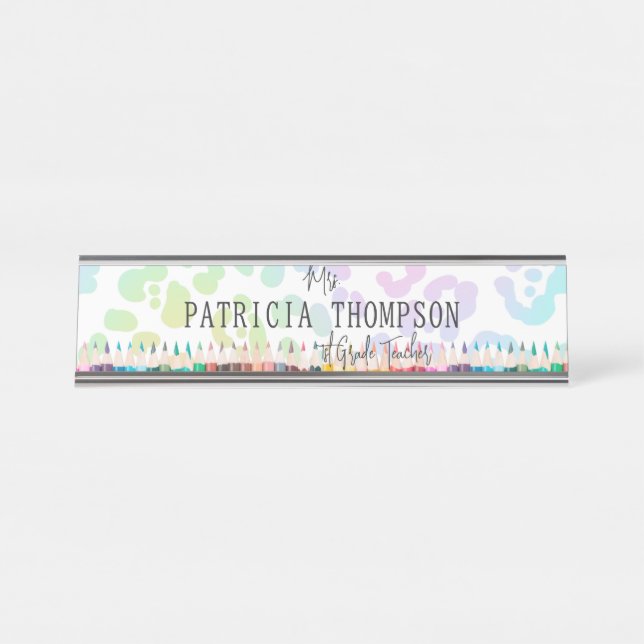 Rainbow Leopard Crayon School Lehrer Schreibtischnamensplakette (Vorderseite )