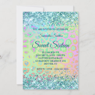 Rainbow Leopard Imitate Aquamarin Glitzer Sweet 16 Einladung