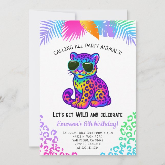 Rainbow Leopard Party Animals Birthday Invitation (Devant)
