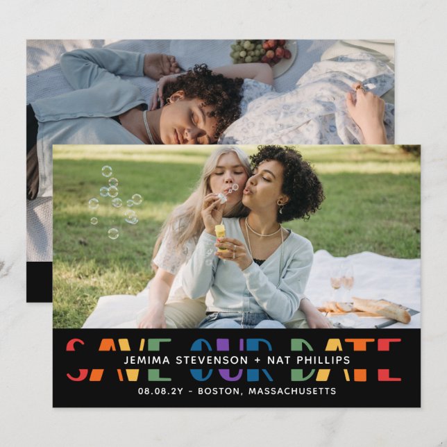 Rainbow Letters Black LGBTQ+ Typografy Foto Gerett Save The Date (Vorne/Hinten)