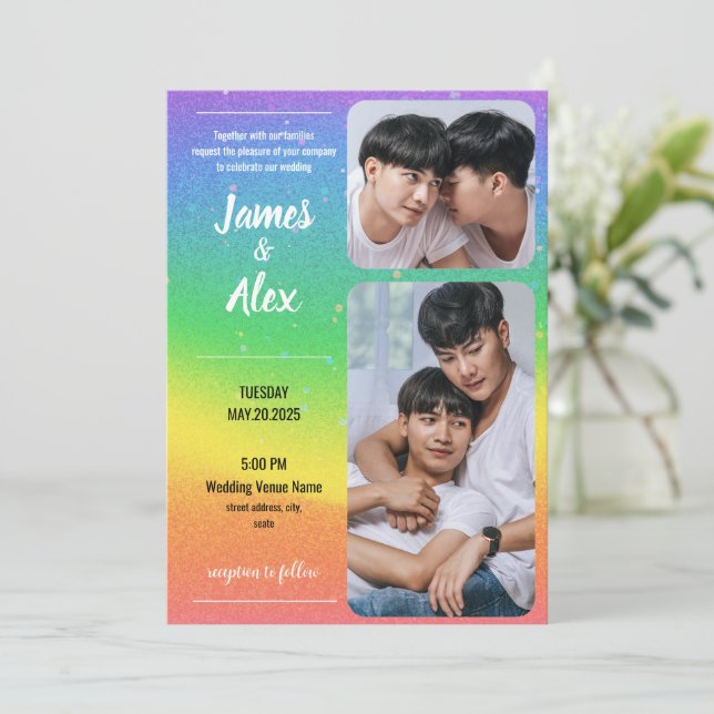 Rainbow Liebe - Gay Wedding Foto Einladung (Stehend Vorderseite)