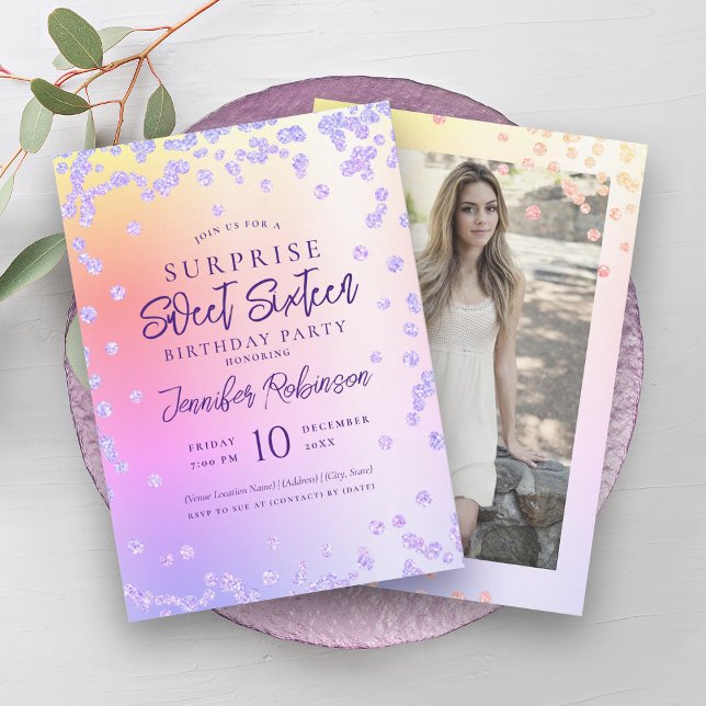 Rainbow Lila Glitzer Foto ÜBERRASCHUNG Sweet 16 Einladung (Rainbow Purple Glitter Photo SURPRISE Sweet 16 Invitation)