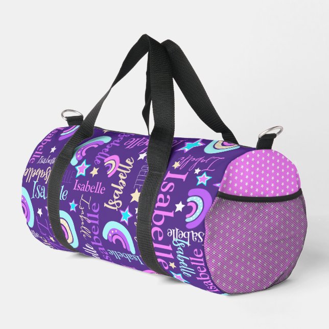 Rainbow lila rosa gelbe Stars Name Isabelle Duffle Bag (Rechte Ecke)