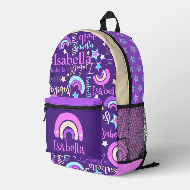 Rainbow lila rosa gelbe Sterne Name Isabella Bedruckter Rucksack (Rückseitige Ecke Rechts)