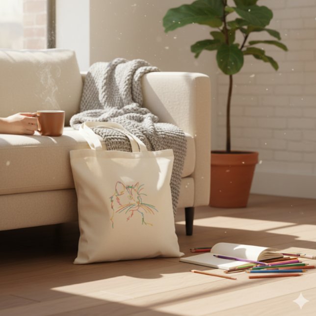 Rainbow Line Art Cat Portrait Minimalist Tote Bag Tragetasche (Von Creator hochgeladen)