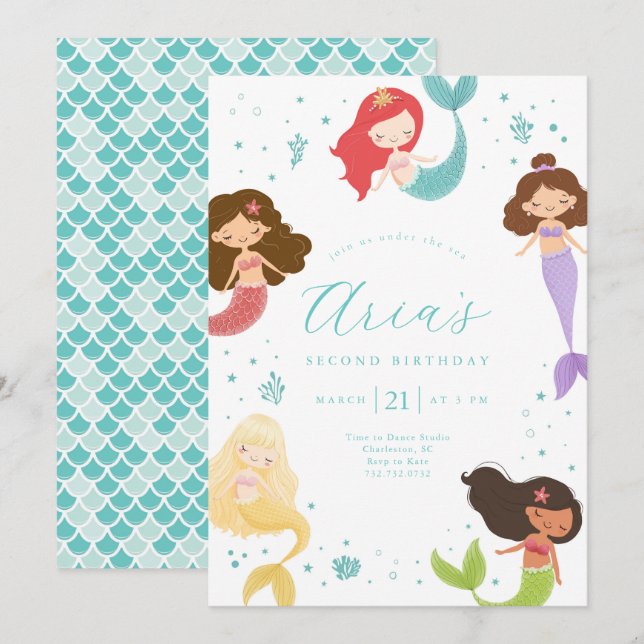 Rainbow Little Mermaid Birthday Einladung (Vorne/Hinten)