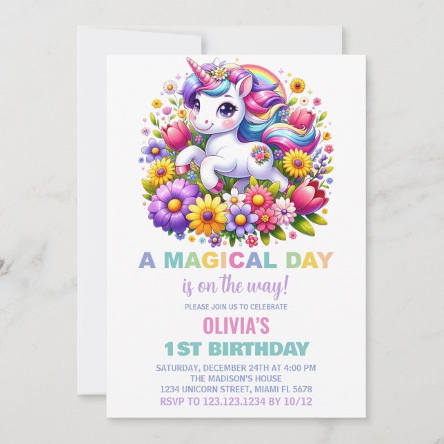 Rainbow Little Unicorn Invitations d'anniversaire (Devant)