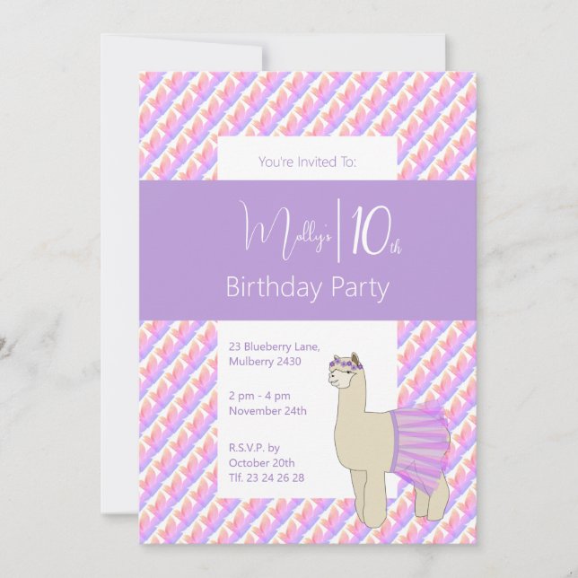 Rainbow Llama Lila Girls 10. Geburtstag Einladung (Vorderseite)