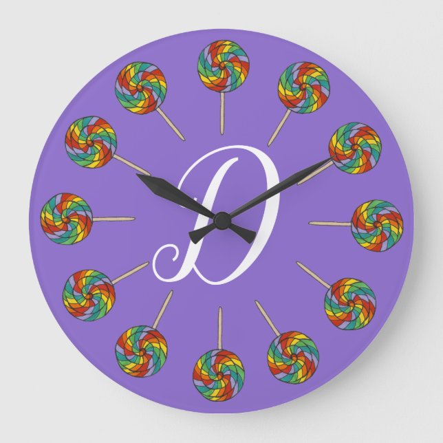 Rainbow Lollipop Candy Lolly Lila Initial Große Wanduhr (Vorderseite)