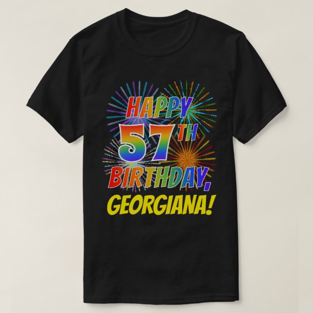 Rainbow Look GLÜCKLICH 57. GEBURTSTAG; Feuerwerk + T-Shirt (Design vorne)