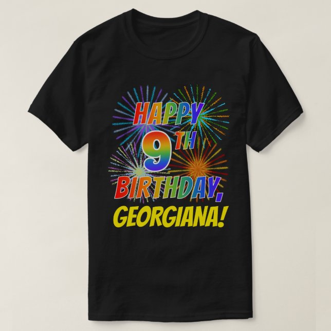 Rainbow Look GLÜCKLICH 9. GEBURTSTAG; Feuerwerk +  T-Shirt (Design vorne)