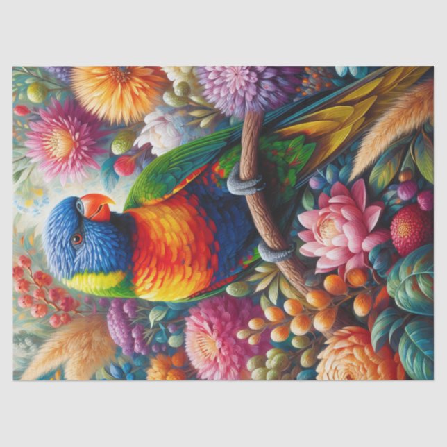 Rainbow Lorikeet mit Blume Decoupage Seidenpapier (Vorderseite)